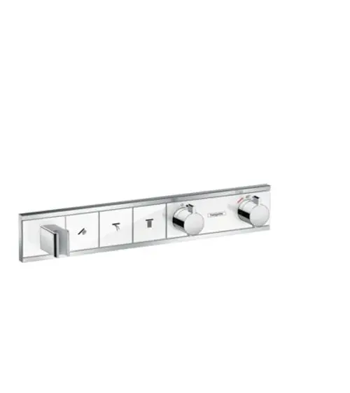 Thermostat für Dusche von Hansgrohe mit zwei verstellbaren Reglern und einem integrierten Brausehalter, montiert auf einer weißen Wandplatte in Chrom-Optik.